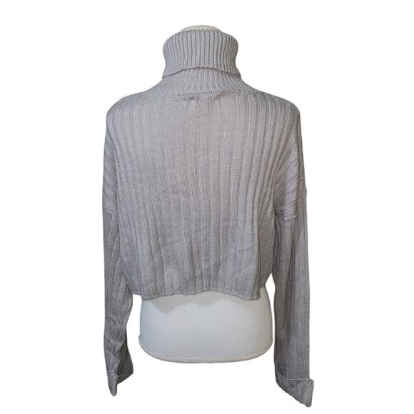 NWT Large Womens Gray Knit Cropped Turtleneck Sweater Top Preppy F21 Cuff Sleeve - Picture 2 of 11